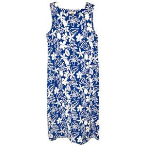 Talbots 100% Cotton Maxi A-Line Dress Hibiscus Print - Blue/White - 8